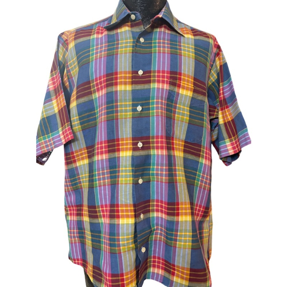 Bullock Jones Button Shirt Men Medium Linen Plaid Short Sleeves Size Medium